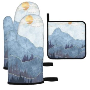 hgod designs blue mountains with trees oven mitts and pot holders sets,abstract blue mountains with trees and golden sun kitchen cooking gloves heat resistant baking for bbq grilling