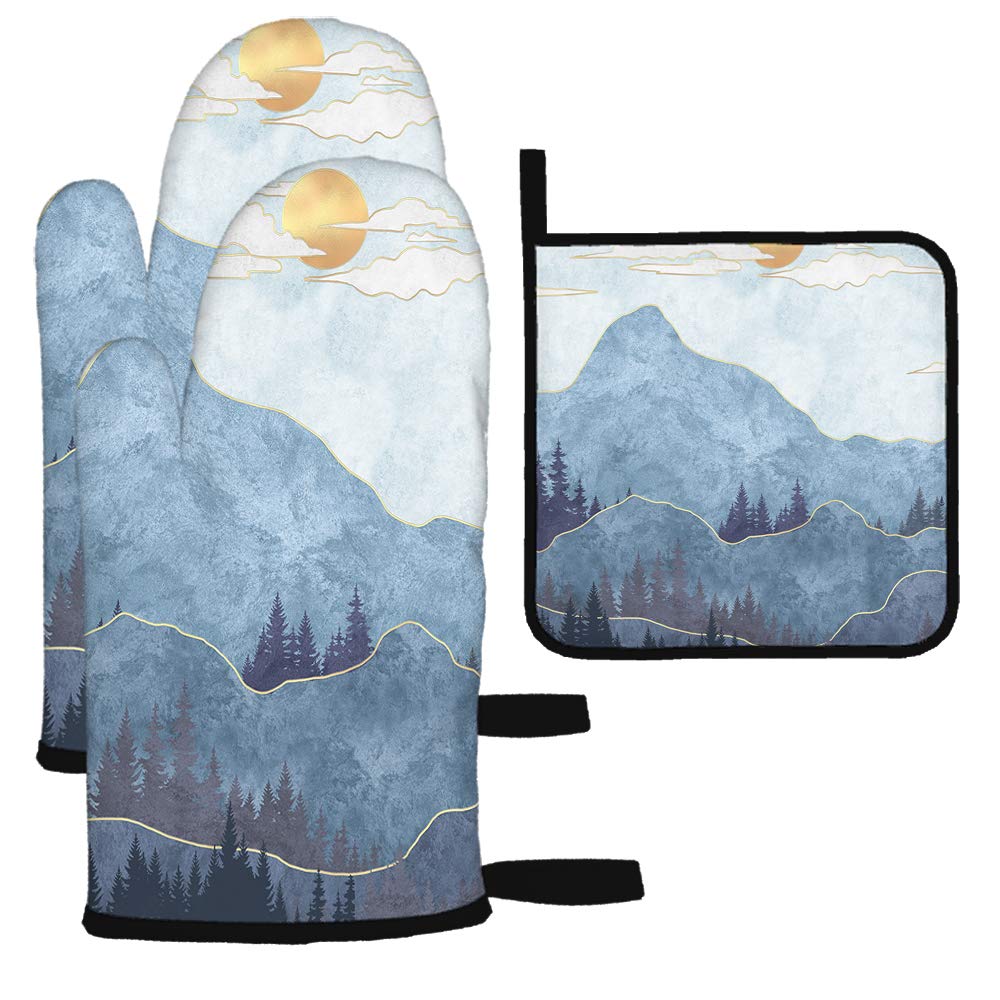 HGOD DESIGNS Blue Mountains with Trees Oven Mitts and Pot Holders Sets,Abstract Blue Mountains with Trees and Golden Sun Kitchen Cooking Gloves Heat Resistant Baking for BBQ Grilling