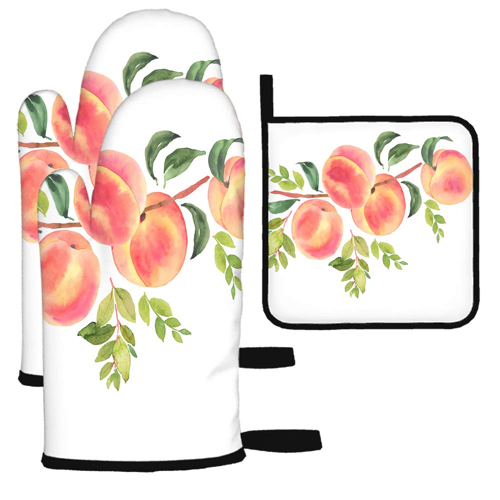 Moslion Peach Oven Mitts and Potholders Watercolor Painting Art Summer Time Fresh Fruits Green Leaves Outdoor BBQ Gloves-Oven Mitts Pot Holders Cooking Gloves for Cooking Baking Grilling