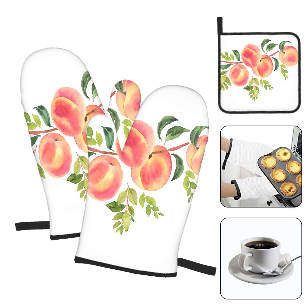 Moslion Peach Oven Mitts and Potholders Watercolor Painting Art Summer Time Fresh Fruits Green Leaves Outdoor BBQ Gloves-Oven Mitts Pot Holders Cooking Gloves for Cooking Baking Grilling