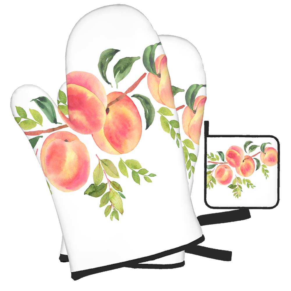 Moslion Peach Oven Mitts and Potholders Watercolor Painting Art Summer Time Fresh Fruits Green Leaves Outdoor BBQ Gloves-Oven Mitts Pot Holders Cooking Gloves for Cooking Baking Grilling