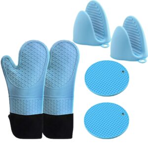 SNOMYRS Silicone Oven Gloves and 2-Piece High Temperature Resistant Silicone Hand Clip 2-Piece Non-Slip Coaster Silicone Coaster for Hot Surfaces (Blue)