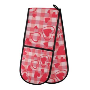 Valentines Mother's Day Double Oven Mitt 7 X 35 in Plaid Hearts Love Oven Gloves Mitts Heat Insulation Home Kitchen Cooking for Pot Holder BBQ Grilling Baking Decor Gifts