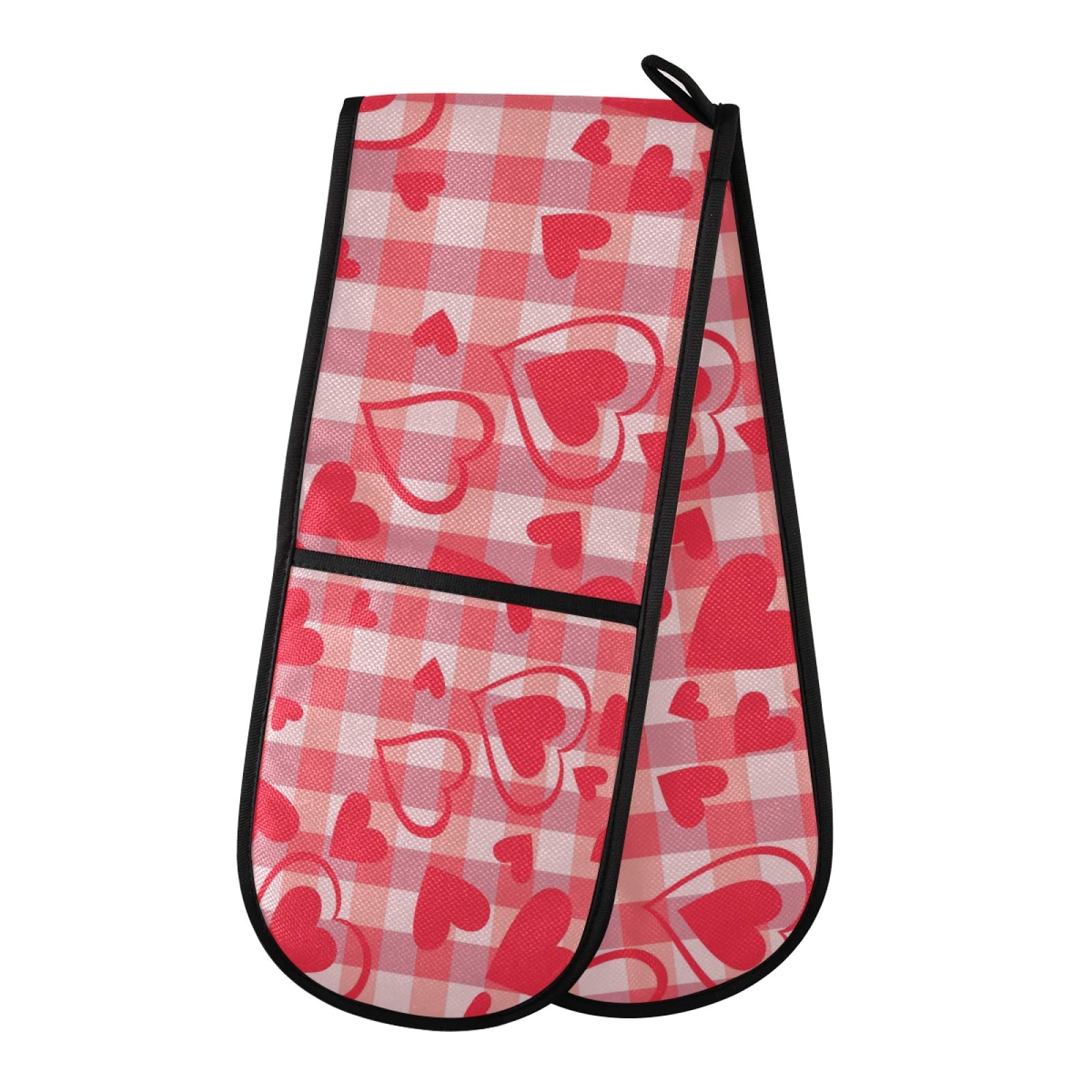 Valentines Mother's Day Double Oven Mitt 7 X 35 in Plaid Hearts Love Oven Gloves Mitts Heat Insulation Home Kitchen Cooking for Pot Holder BBQ Grilling Baking Decor Gifts