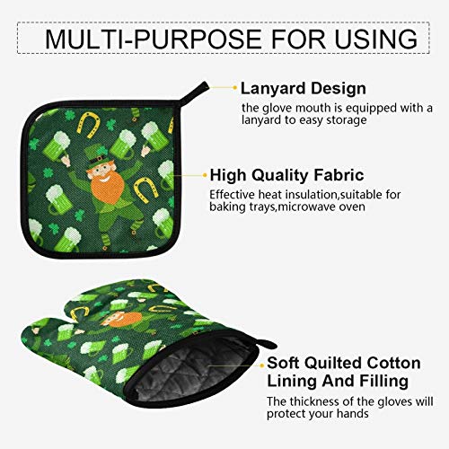 ST Clover Beer Oven Mitts & Pot Holders Set Saint Patrick's Day Kitchen Decor Heat Resistant Gloves PotHolders Pad 2Pcs Microwave Gloves for Baking Cooking Grilling BBQ Home Decor