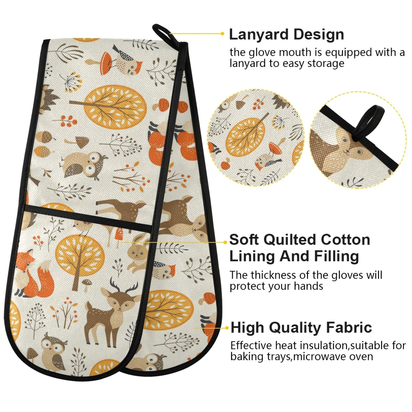 VIKKO Autumn Forest Animal Fox Double Mitt, Heat Resistant Kitchen Gloves Oven Mitts for Baking Microwave