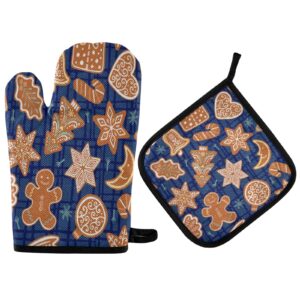 blueangle christmas gingerbread cookies oven mitts and pot holders set, heat resistant kitchen gloves for oven cooking, grill & bbq | cotton lining gloves with hanging loop