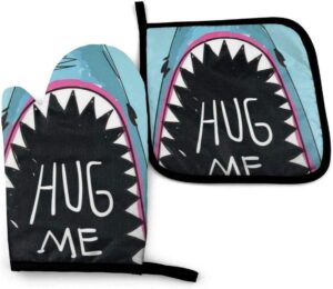 shark mouth hug me oven mitts and pot holders sets of 2,resistant hot pads,flexible cooking oven gloves for microwave bbq cooking baking grilling