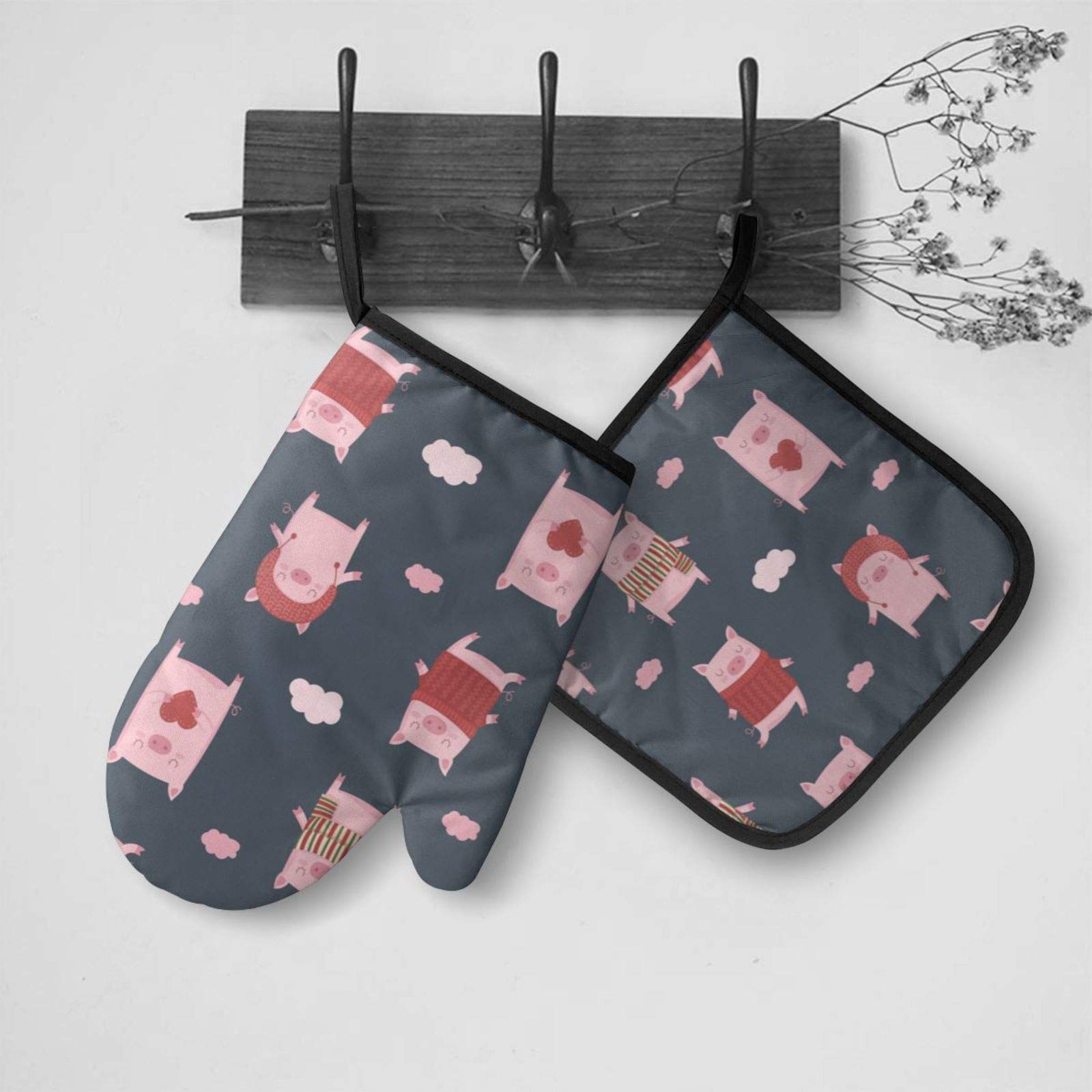 Cute Cartoon Pigs Oven Mitts and Pot Holders Sets Heat Resistant Oven Gloves with Non-Slip Surface for Reusable for Baking BBQ Cooking
