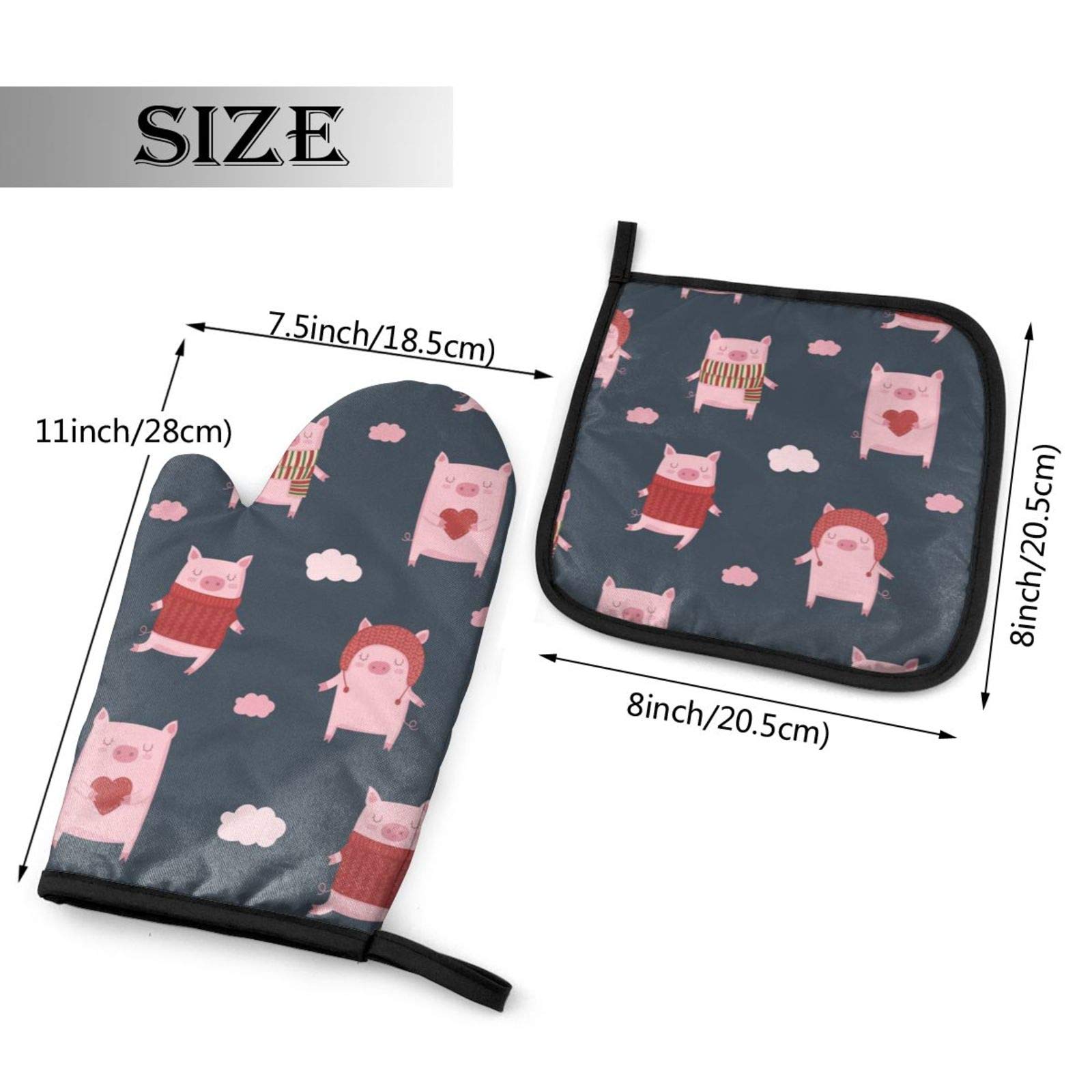 Cute Cartoon Pigs Oven Mitts and Pot Holders Sets Heat Resistant Oven Gloves with Non-Slip Surface for Reusable for Baking BBQ Cooking