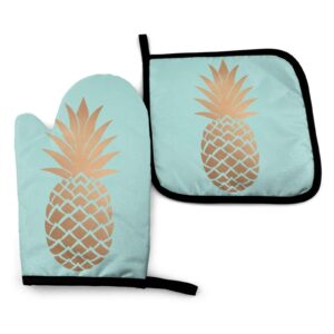 msguide gold pineapple mint green oven mitts and pot holders, 356℉ heat resistant oven gloves soft cotton lining gloves for kitchen, cooking, baking, grilling, bbq