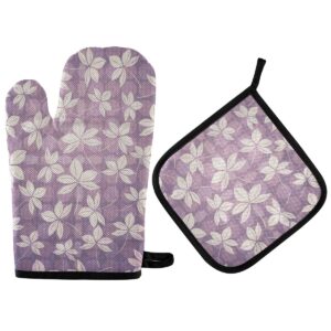 480f heat resistant oven mitts and pot holders lilac abstract flower soft cotton lining gloves for cooking, baking, microwave, bbq, kitchen