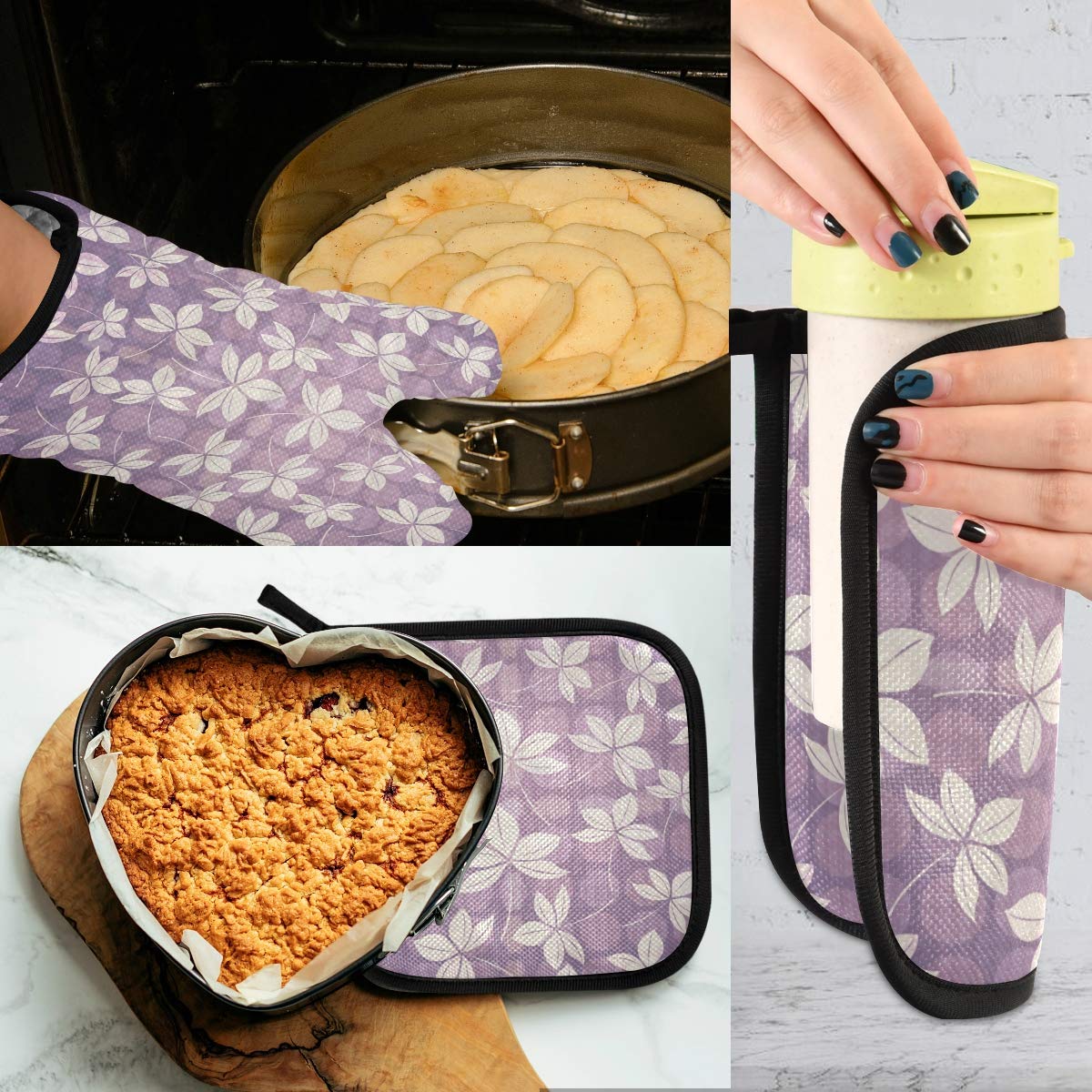 480F Heat Resistant Oven Mitts and Pot Holders Lilac Abstract Flower Soft Cotton Lining Gloves for Cooking, Baking, Microwave, BBQ, Kitchen