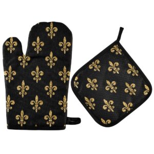 zzaeo golden fleur-de-lis floral black oven mitt and potholder set, heat resistant bbq gloves kitchen accessories for cooking grilling baking