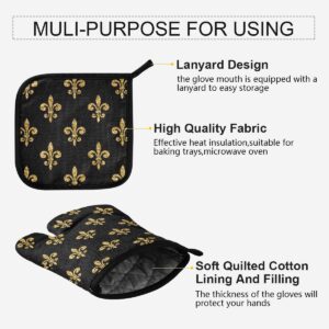 ZZAEO Golden Fleur-De-Lis Floral Black Oven Mitt and Potholder Set, Heat Resistant BBQ Gloves Kitchen Accessories for Cooking Grilling Baking