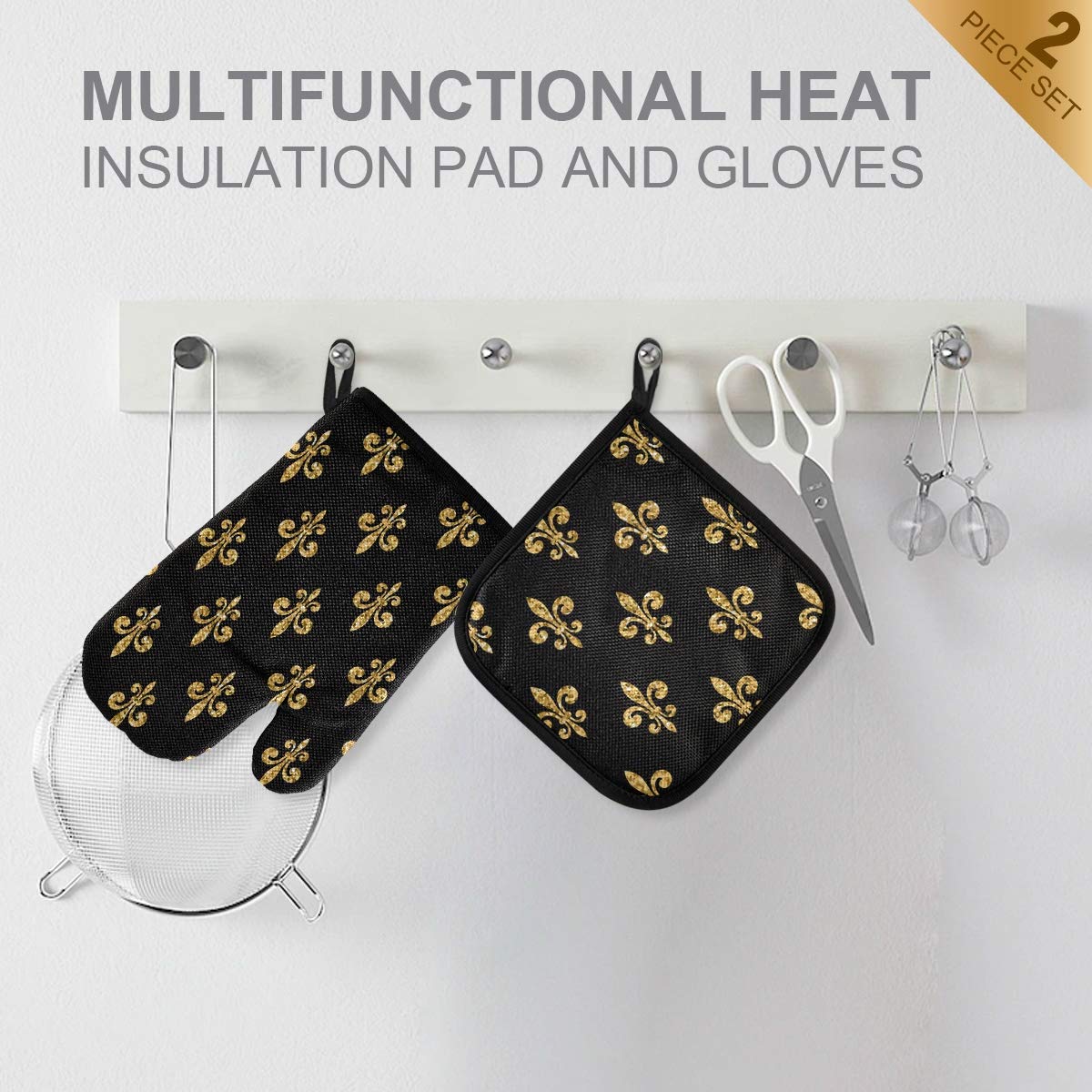 ZZAEO Golden Fleur-De-Lis Floral Black Oven Mitt and Potholder Set, Heat Resistant BBQ Gloves Kitchen Accessories for Cooking Grilling Baking