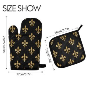 ZZAEO Golden Fleur-De-Lis Floral Black Oven Mitt and Potholder Set, Heat Resistant BBQ Gloves Kitchen Accessories for Cooking Grilling Baking