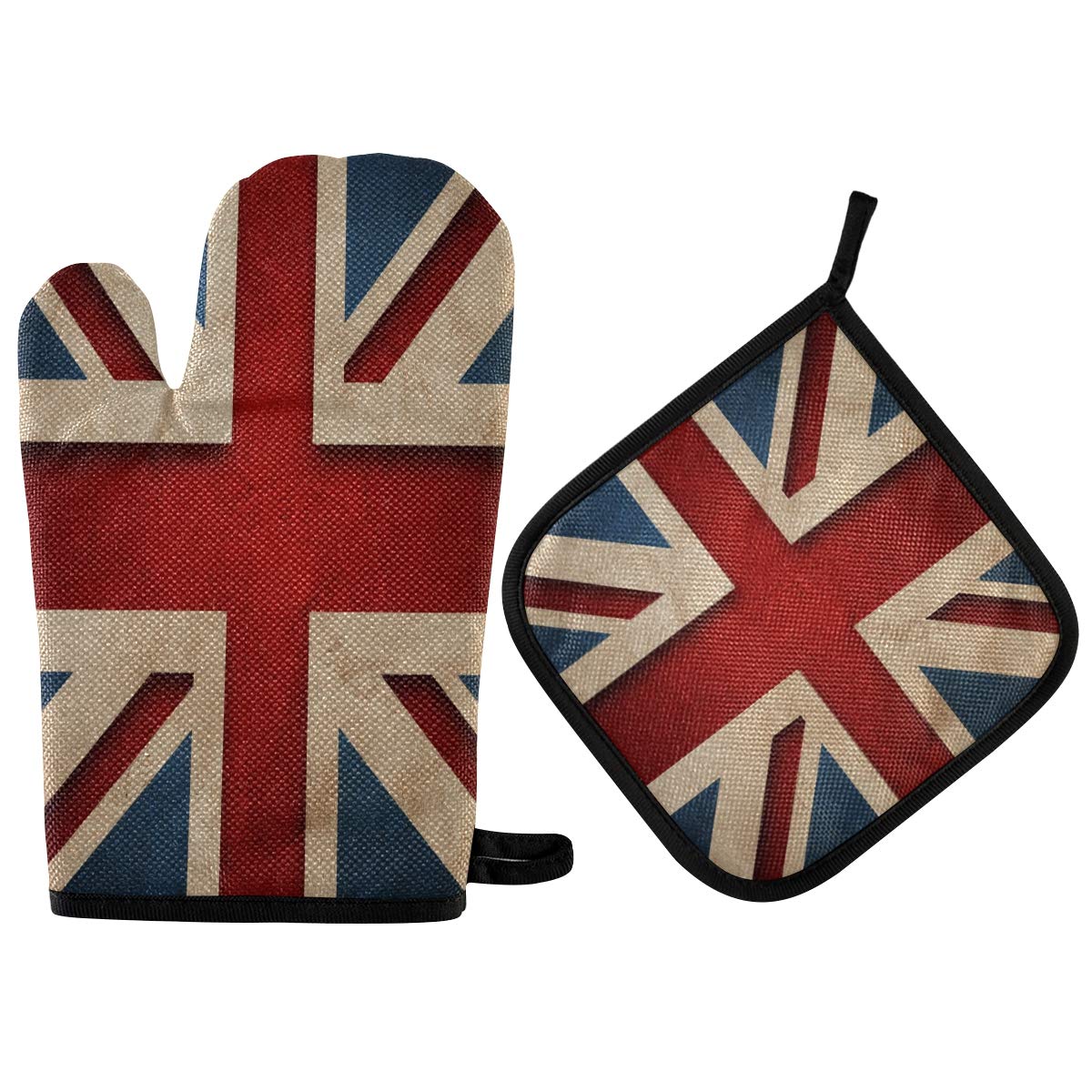 ZZKKO London Union Jack Oven Mitts and Potholder Set Heat Resistant Kitchen Counter Safe Mats Oven Gloves Non-Slip Grip for BBQ Grill Baking Cooking Oven Microwave to Protect Hands and Surfaces