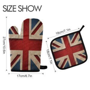 ZZKKO London Union Jack Oven Mitts and Potholder Set Heat Resistant Kitchen Counter Safe Mats Oven Gloves Non-Slip Grip for BBQ Grill Baking Cooking Oven Microwave to Protect Hands and Surfaces