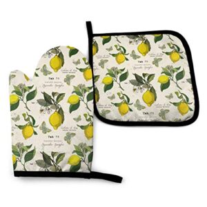 lemon branches oven mitt 11'' x 6.2'' and pot holder 8'' x 8'' kitchen gift sets, heat resistant reusable kitchen oven mitts and pot holders for baking bbq cooking
