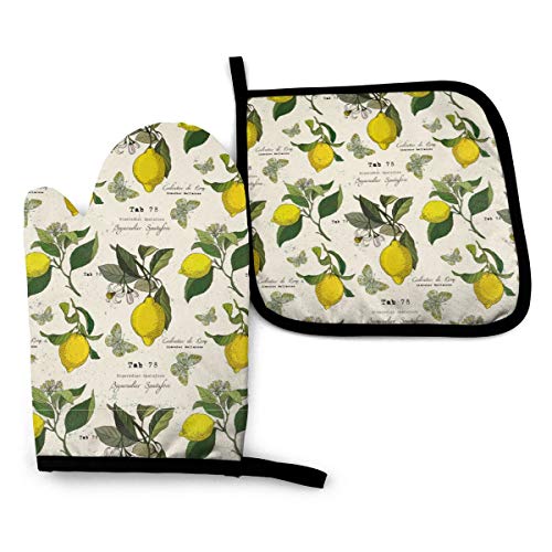 Lemon Branches Oven Mitt 11'' x 6.2'' and Pot Holder 8'' x 8'' Kitchen Gift Sets, Heat Resistant Reusable Kitchen Oven Mitts and Pot Holders for Baking BBQ Cooking