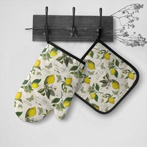 Lemon Branches Oven Mitt 11'' x 6.2'' and Pot Holder 8'' x 8'' Kitchen Gift Sets, Heat Resistant Reusable Kitchen Oven Mitts and Pot Holders for Baking BBQ Cooking