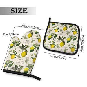 Lemon Branches Oven Mitt 11'' x 6.2'' and Pot Holder 8'' x 8'' Kitchen Gift Sets, Heat Resistant Reusable Kitchen Oven Mitts and Pot Holders for Baking BBQ Cooking