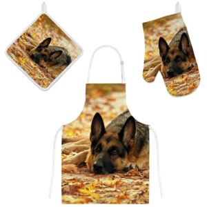 my daily kitchen apron with pockets, oven mitt and pot holder set, german shepherd dog adjustable cooking apron, microwave glove, potholder, 3 piece