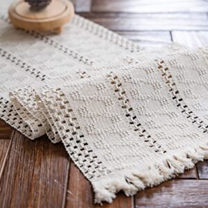alynsehom macrame table runner cream beige boho table runner with tassels hand woven cotton table runner rustic farmhouse table runner for bohemian kitchen dining table(12x95in)