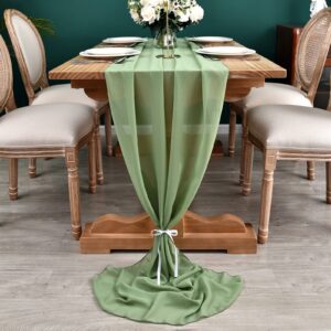 DOLOPL 10PCS Sage Green Chiffon Table Runner 10ft Wedding Table Runner,29x120 Gauze Table Runner,Rustic Sheer Table Decor for Romantic Bridal Shower, Baby Shower, Birthday Party Cake Table