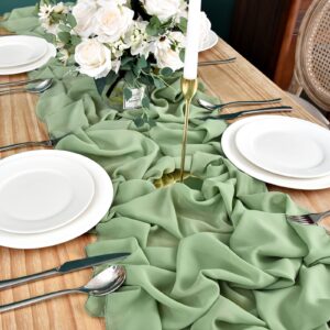 DOLOPL 10PCS Sage Green Chiffon Table Runner 10ft Wedding Table Runner,29x120 Gauze Table Runner,Rustic Sheer Table Decor for Romantic Bridal Shower, Baby Shower, Birthday Party Cake Table