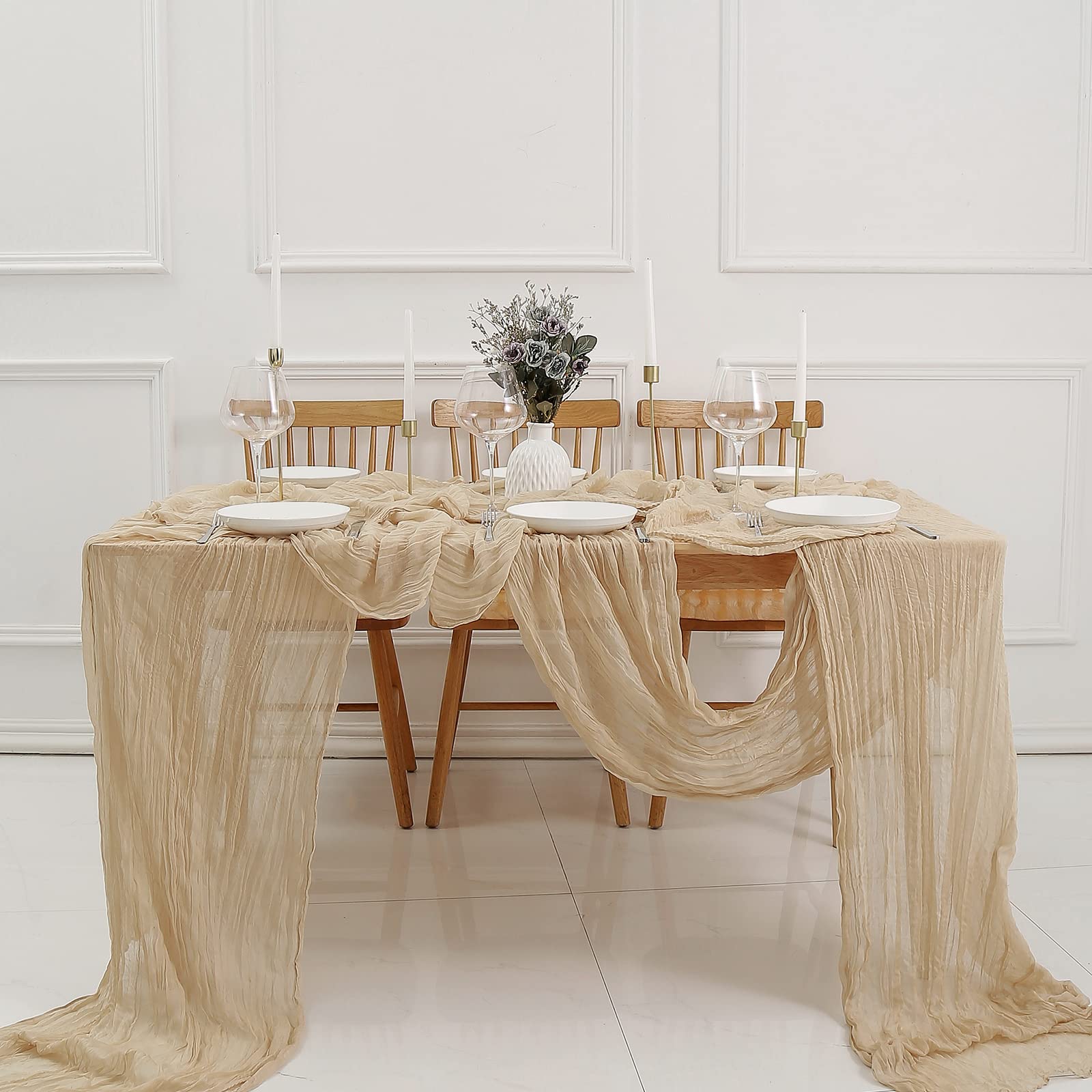 DOLOPL Beige Cheesecloth Table Runner 13.3ft Boho Gauze Cheese Cloth Table Runner Rustic Sheer Runner 160inch Long for Wedding Bridal Baby Shower Birthday Party Cake Table Decorations