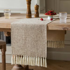 zeemart beige table runners 72 inches long, burlap linen style rustic farmhouse table runner, boho woven dining table runner, 13x72 inches, oatmeal beige