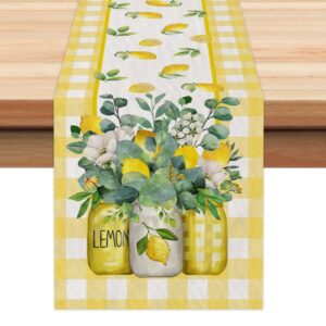 geeory yellow buffalo check summer table runner 72 inch, lemon vase spring farmhouse rustic holiday runners kitchen dining table decoration for indoor outdoor dinner party décor gt073