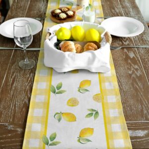 GEEORY Yellow Buffalo Check Summer Table Runner 72 Inch, Lemon Vase Spring Farmhouse Rustic Holiday Runners Kitchen Dining Table Decoration for Indoor Outdoor Dinner Party Décor GT073