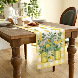GEEORY Yellow Buffalo Check Summer Table Runner 72 Inch, Lemon Vase Spring Farmhouse Rustic Holiday Runners Kitchen Dining Table Decoration for Indoor Outdoor Dinner Party Décor GT073