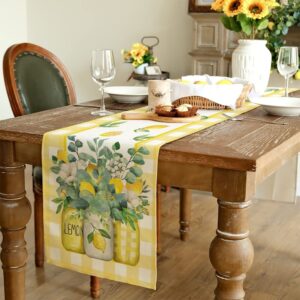 GEEORY Yellow Buffalo Check Summer Table Runner 72 Inch, Lemon Vase Spring Farmhouse Rustic Holiday Runners Kitchen Dining Table Decoration for Indoor Outdoor Dinner Party Décor GT073