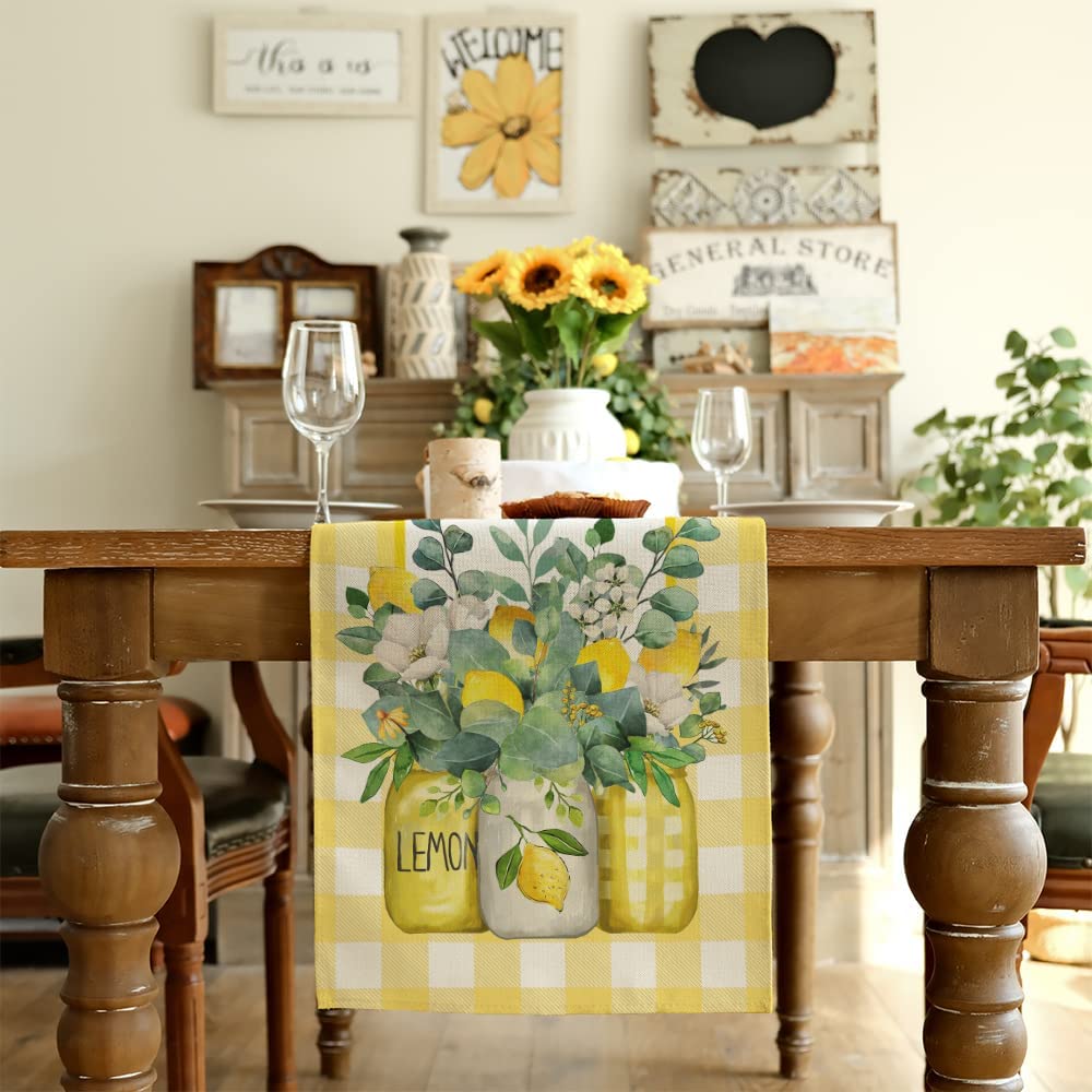 GEEORY Yellow Buffalo Check Summer Table Runner 72 Inch, Lemon Vase Spring Farmhouse Rustic Holiday Runners Kitchen Dining Table Decoration for Indoor Outdoor Dinner Party Décor GT073