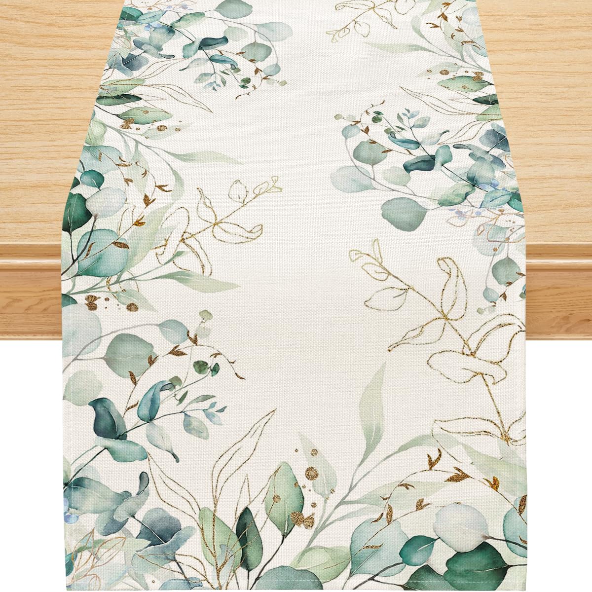 Siilues Spring Table Runner, Spring Decorations Off White Eucalyptus Leaves Green Table Runner Seasonal Spring Summer Burlap Table Runner Holiday Decor for Dining Table Decoration (13" x 90")