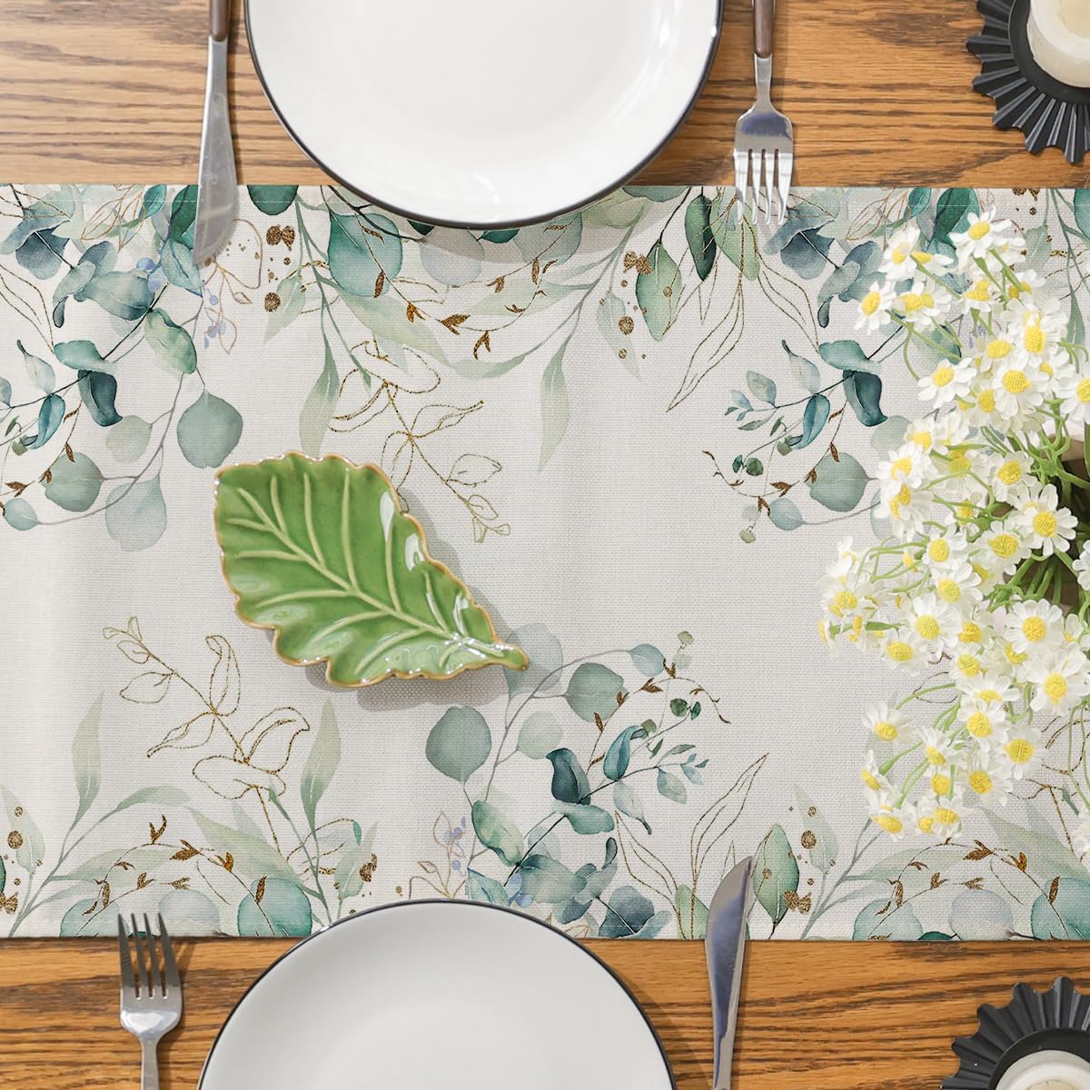 Siilues Spring Table Runner, Spring Decorations Off White Eucalyptus Leaves Green Table Runner Seasonal Spring Summer Burlap Table Runner Holiday Decor for Dining Table Decoration (13" x 90")