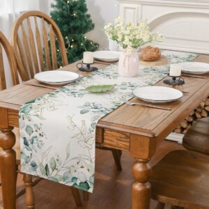 Siilues Spring Table Runner, Spring Decorations Off White Eucalyptus Leaves Green Table Runner Seasonal Spring Summer Burlap Table Runner Holiday Decor for Dining Table Decoration (13" x 90")