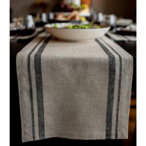 solino home french stripe linen table runner 36 inches – 100% pure linen 14 x 36 inch table runner, black and natural – small coffee farmhouse table runner for indoor, outdoor