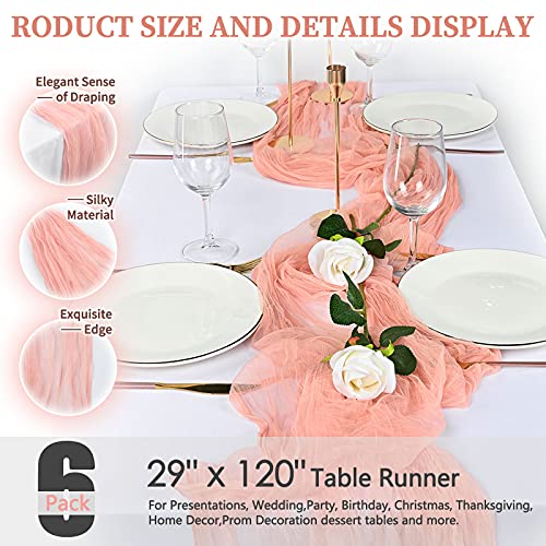 6 Pack 10Ft Blush Cheesecloth Table Runner 29''x120'' Gauze Semi-Sheer Table Runner Rustic Cheesecloth Table Cloth for Romantic Wedding Party Bridal Shower Birthday Dinner Boho Table Decor