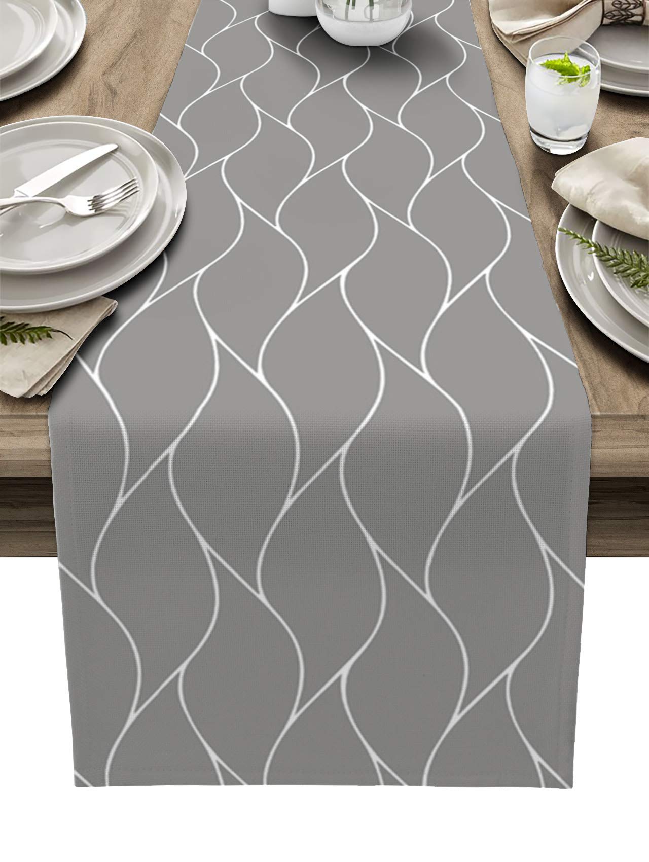 Flouky Kitchen Table Runner for Farmhouse Party Holiday Dinnner,Washable Coffee Table Runners 13x90 inch Long, Gray Wave Geometric Abstract Pattern Table Runner Dresser Scarves Dining Table Decor