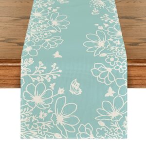 artoid mode blue bloom flowers butterfly spring table runner, seasonal holiday kitchen dining table decoration for home party indoor 13x48 inch