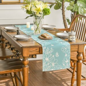 Artoid Mode Blue Bloom Flowers Butterfly Spring Table Runner, Seasonal Holiday Kitchen Dining Table Decoration for Home Party Indoor 13x48 Inch