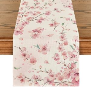 artoid mode floral cherry blossoms branches summer table runner, seasonal spring kitchen dining table decoration for home party decor 13x48 inch