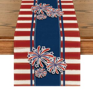 artoid mode watercolor stripes firework table runner, 4th of july patriotic memorial day independence day holiday kitchen dining table decoration for home party decor 13 x 72 inch