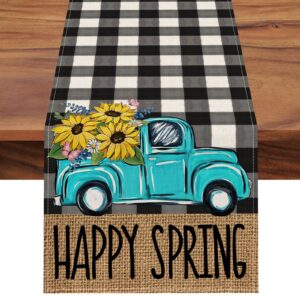 seliem happy spring blue truck table runner, black white buffalo check plaid kitchen dining table decor, sunflower floral flower seasonal burlap farmhouse home decoration party supply 13 x 72 inches