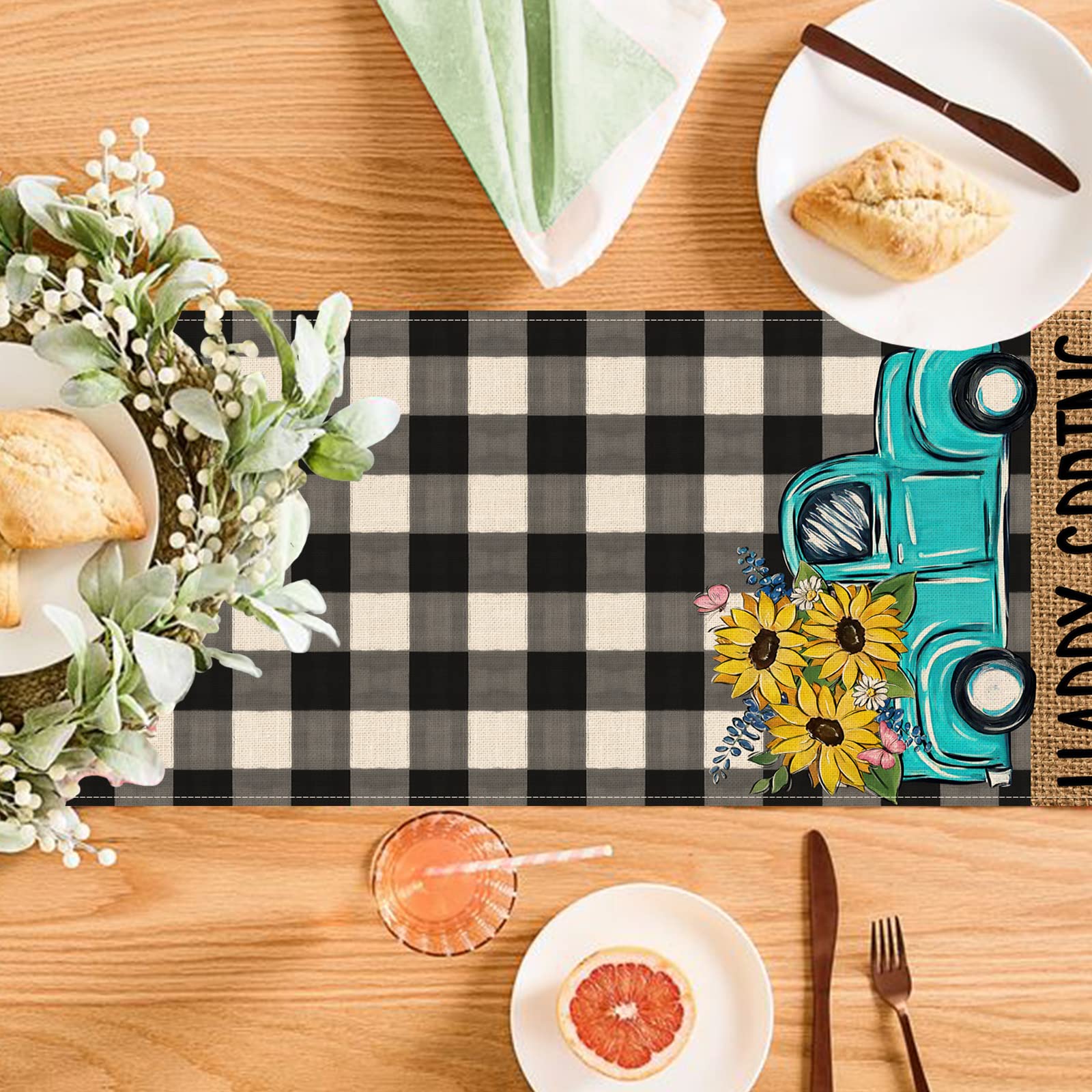 Seliem Happy Spring Blue Truck Table Runner, Black White Buffalo Check Plaid Kitchen Dining Table Decor, Sunflower Floral Flower Seasonal Burlap Farmhouse Home Decoration Party Supply 13 x 72 Inches